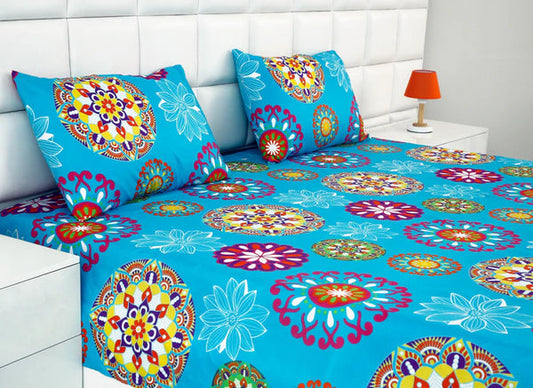 Apricot 2Pcs Single Bed Sheet- Turqoiuse Flower